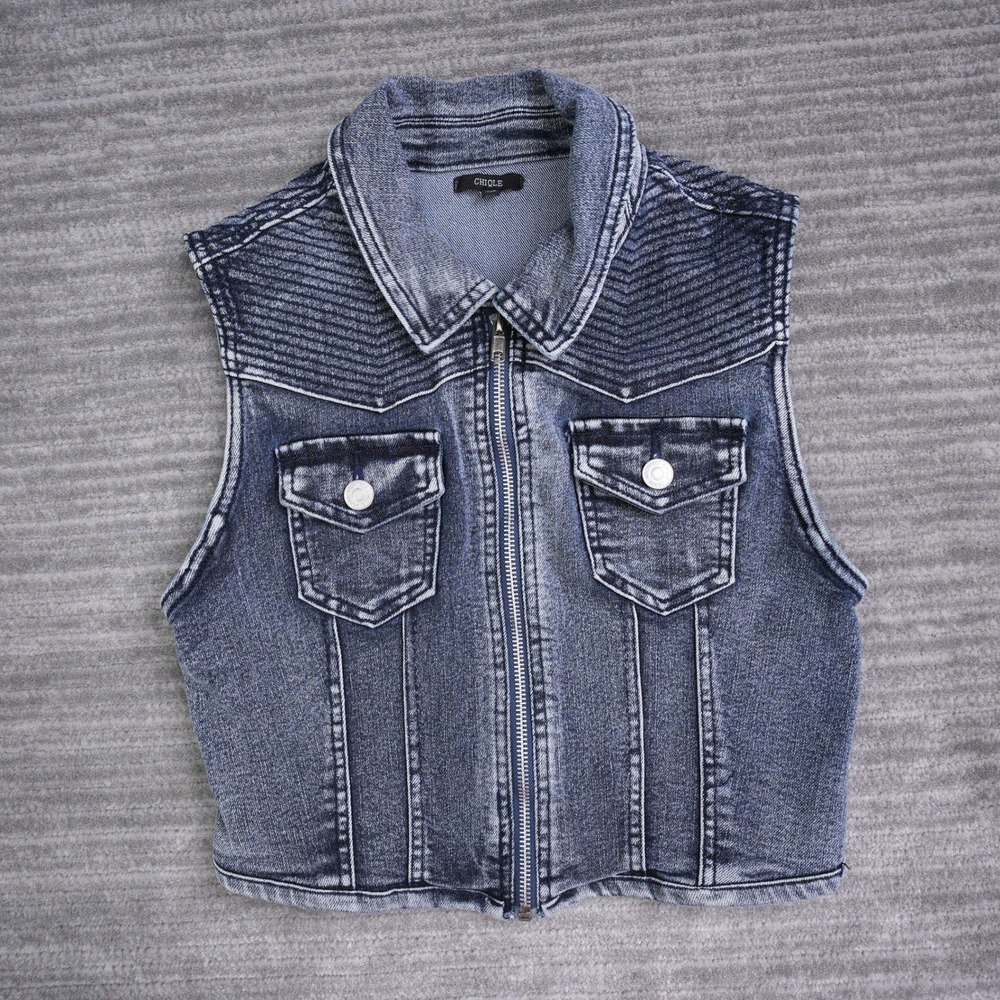 Chiqle Denim Architect Womens Moto Vest Blue Acid Wash Cropped Zip Up Small